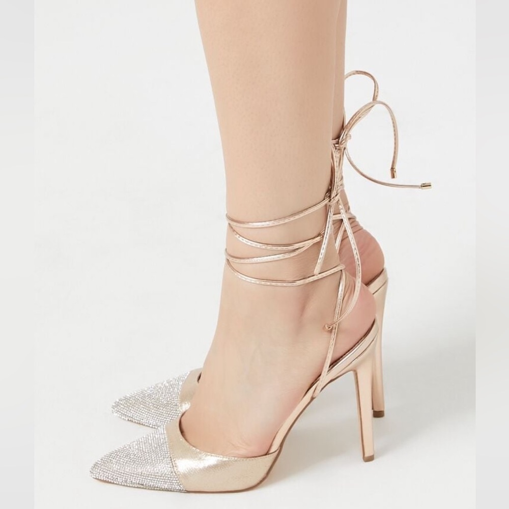 Pointed Rhinestone Lace-Up Heels